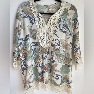 Krazy Kat Ivory Seashell Print Crochet-Trim Blouse with Teal & Navy Size L